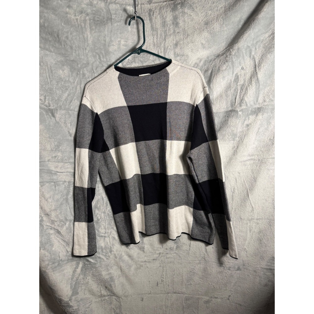 J Jill Plaid Long Sleeve Knit Sweater Women's Large Black White Gray